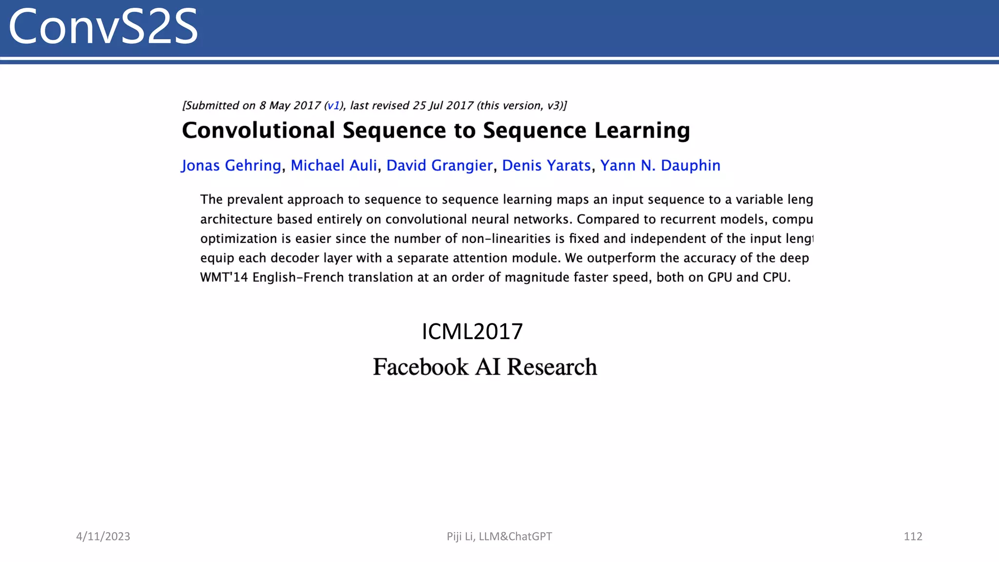 ConvS2S
4/11/2023 Piji Li, LLM&ChatGPT 112
ICML2017
 