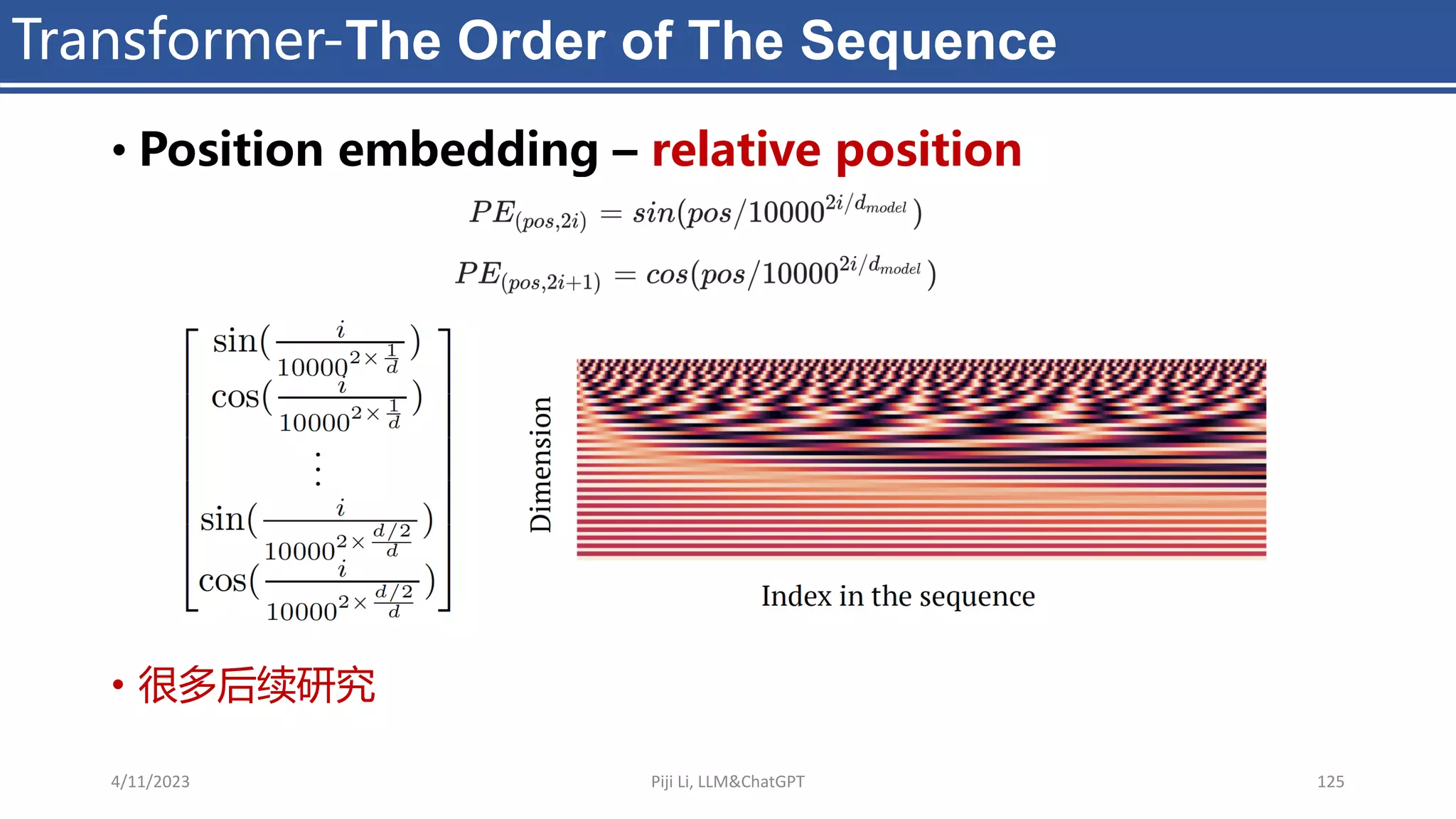 • Position embedding – relative position
• 很多后续研究
Transformer-The Order of The Sequence
4/11/2023 Piji Li, LLM&ChatGPT 125
 