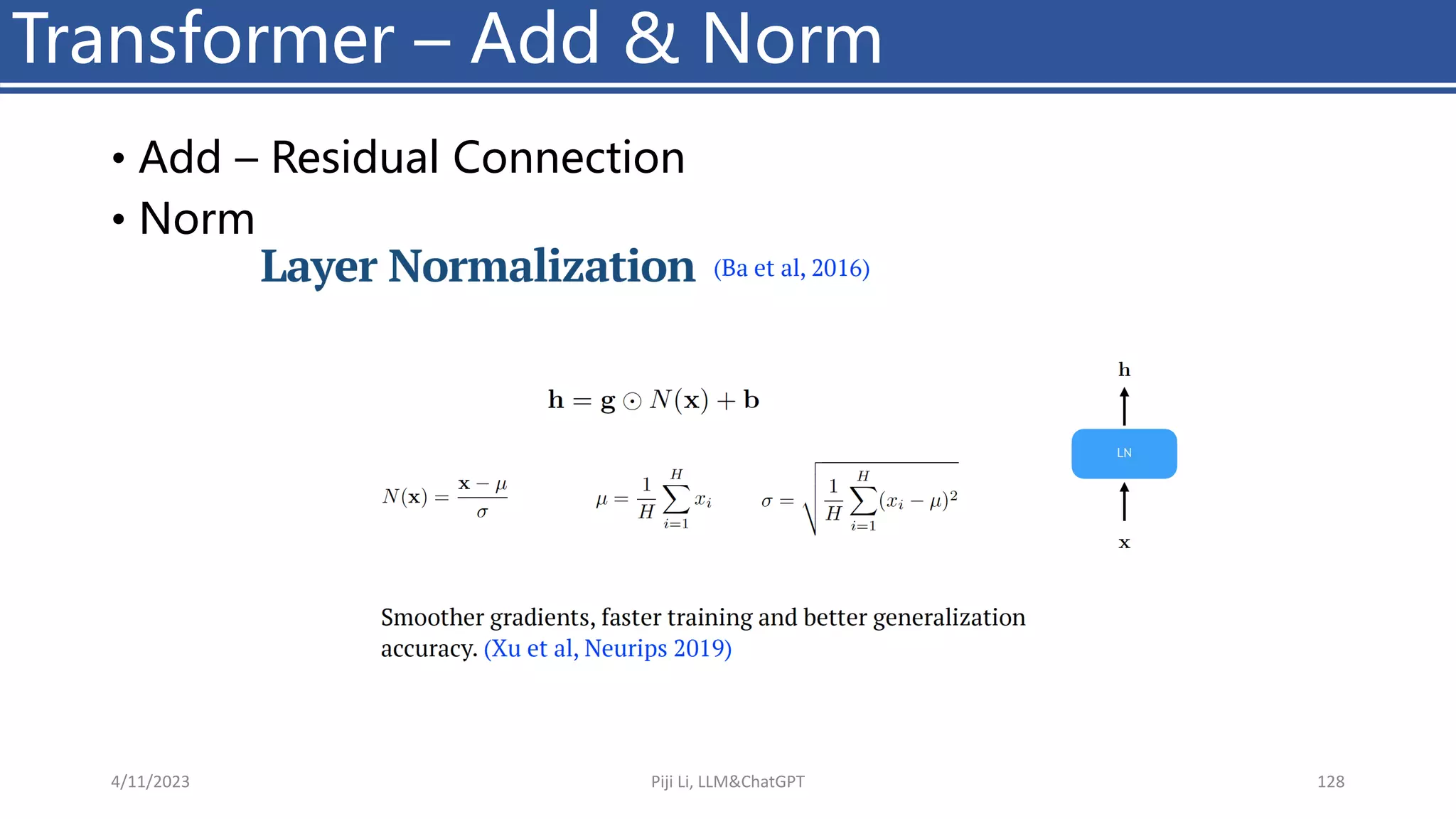 • Add – Residual Connection
• Norm
Transformer – Add & Norm
4/11/2023 Piji Li, LLM&ChatGPT 128
 
