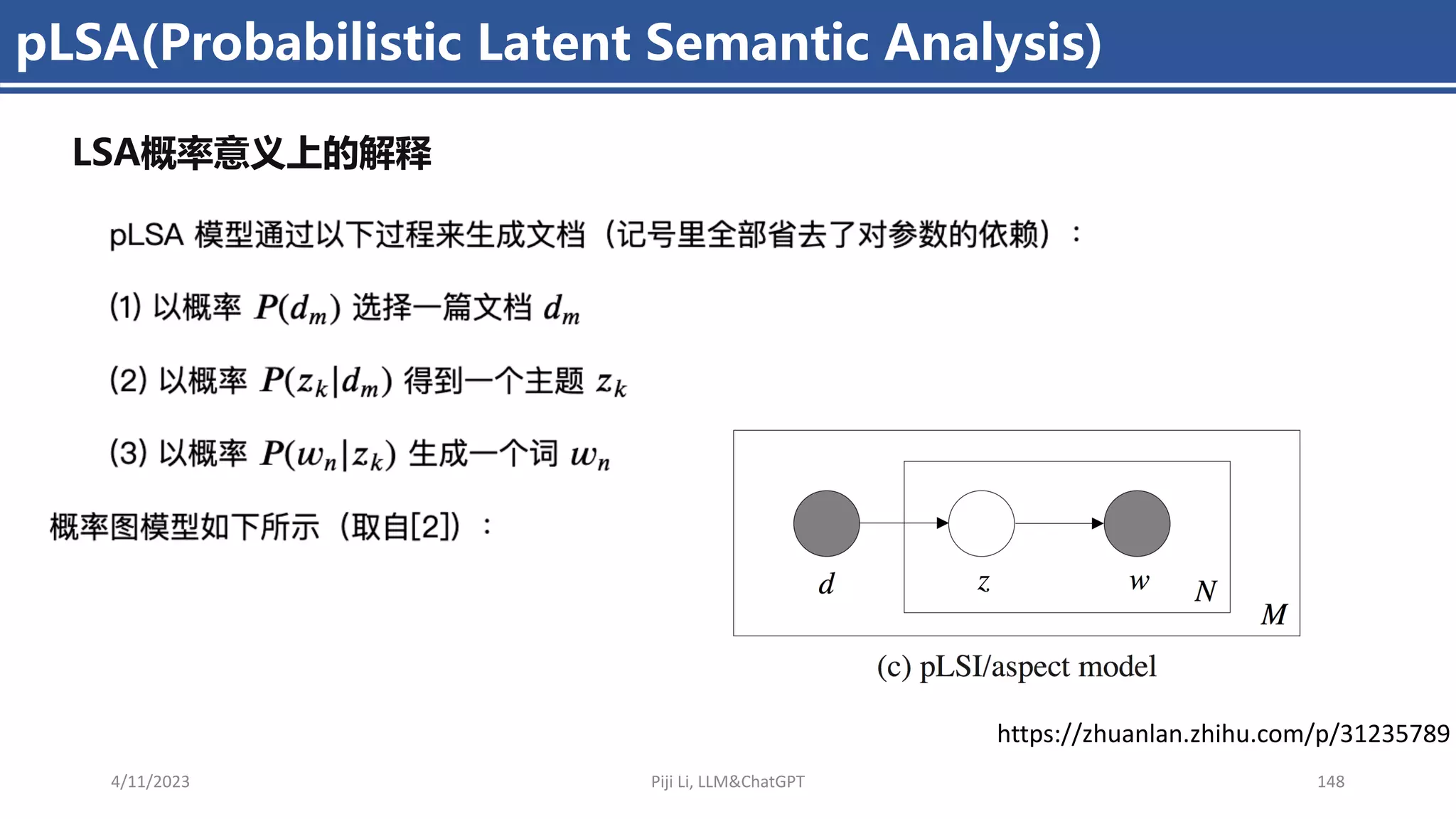 pLSA(Probabilistic Latent Semantic Analysis)
4/11/2023 Piji Li, LLM&ChatGPT 148
LSA概率意义上的解释
https://zhuanlan.zhihu.com/p/31235789
 