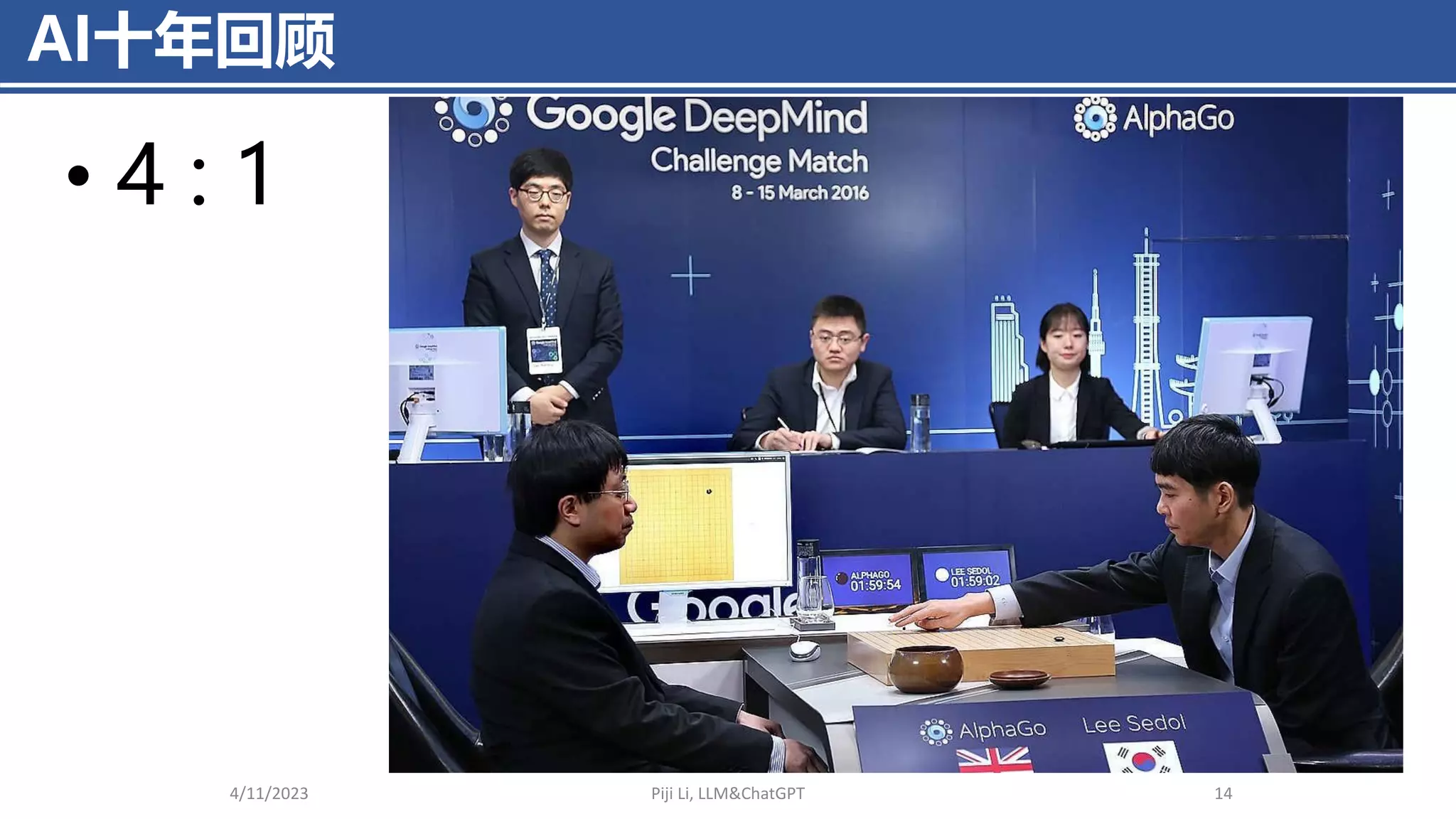 AI十年回顾
• 4 : 1
4/11/2023 Piji Li, LLM&ChatGPT 14
 