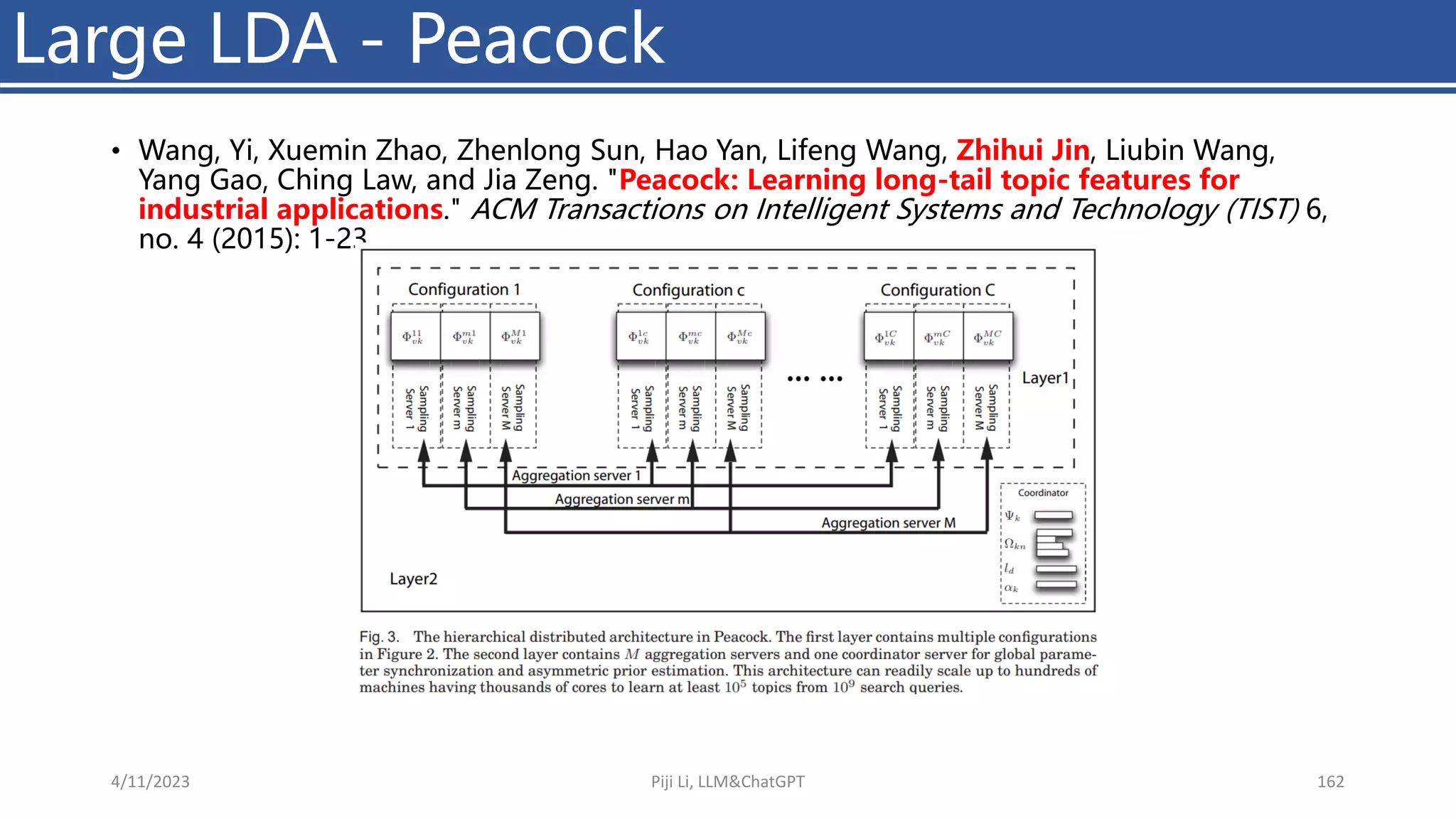• Wang, Yi, Xuemin Zhao, Zhenlong Sun, Hao Yan, Lifeng Wang, Zhihui Jin, Liubin Wang,
Yang Gao, Ching Law, and Jia Zeng. "Peacock: Learning long-tail topic features for
industrial applications." ACM Transactions on Intelligent Systems and Technology (TIST) 6,
no. 4 (2015): 1-23.
Large LDA - Peacock
4/11/2023 Piji Li, LLM&ChatGPT 162
 