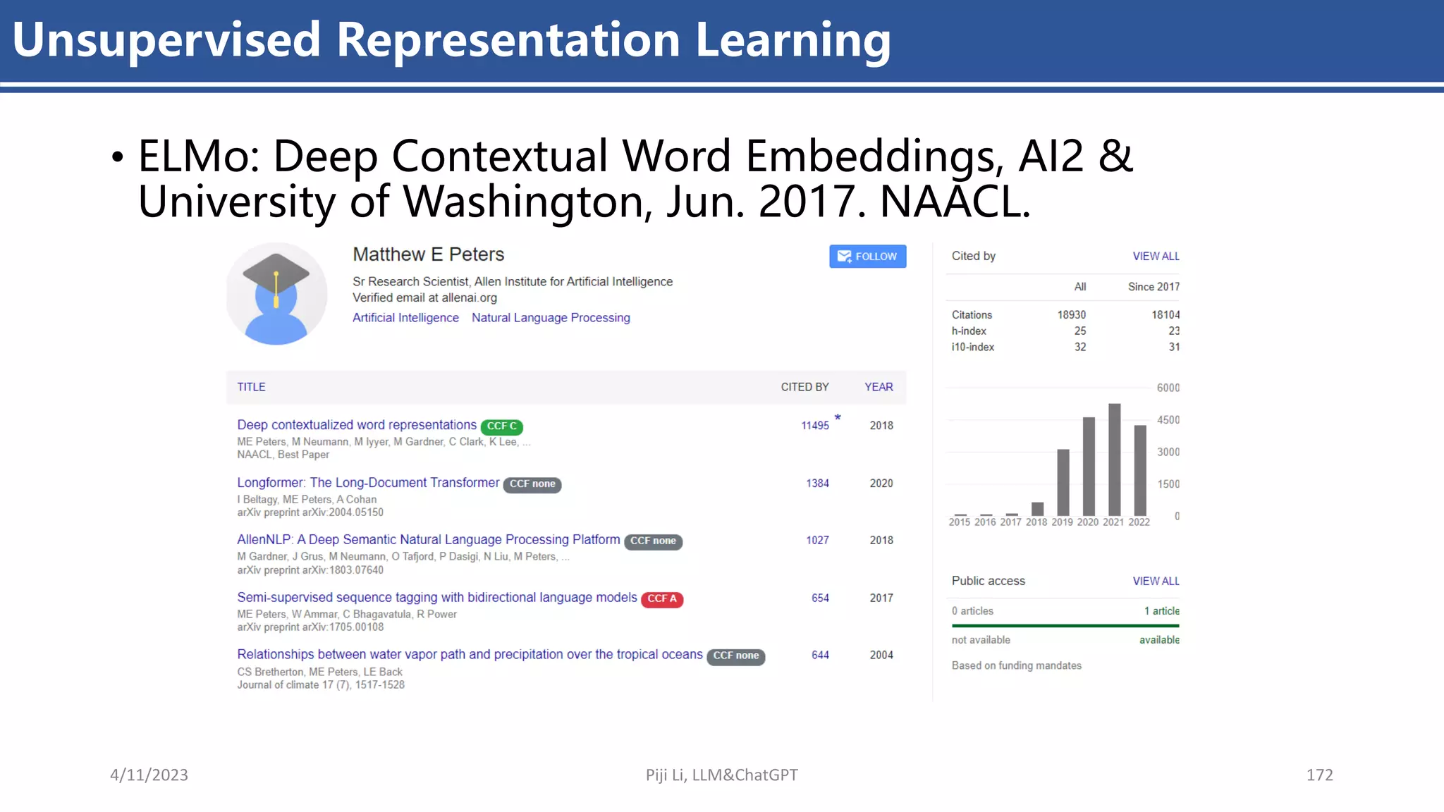 Unsupervised Representation Learning
• ELMo: Deep Contextual Word Embeddings, AI2 &
University of Washington, Jun. 2017. NAACL.
4/11/2023 Piji Li, LLM&ChatGPT 172
 