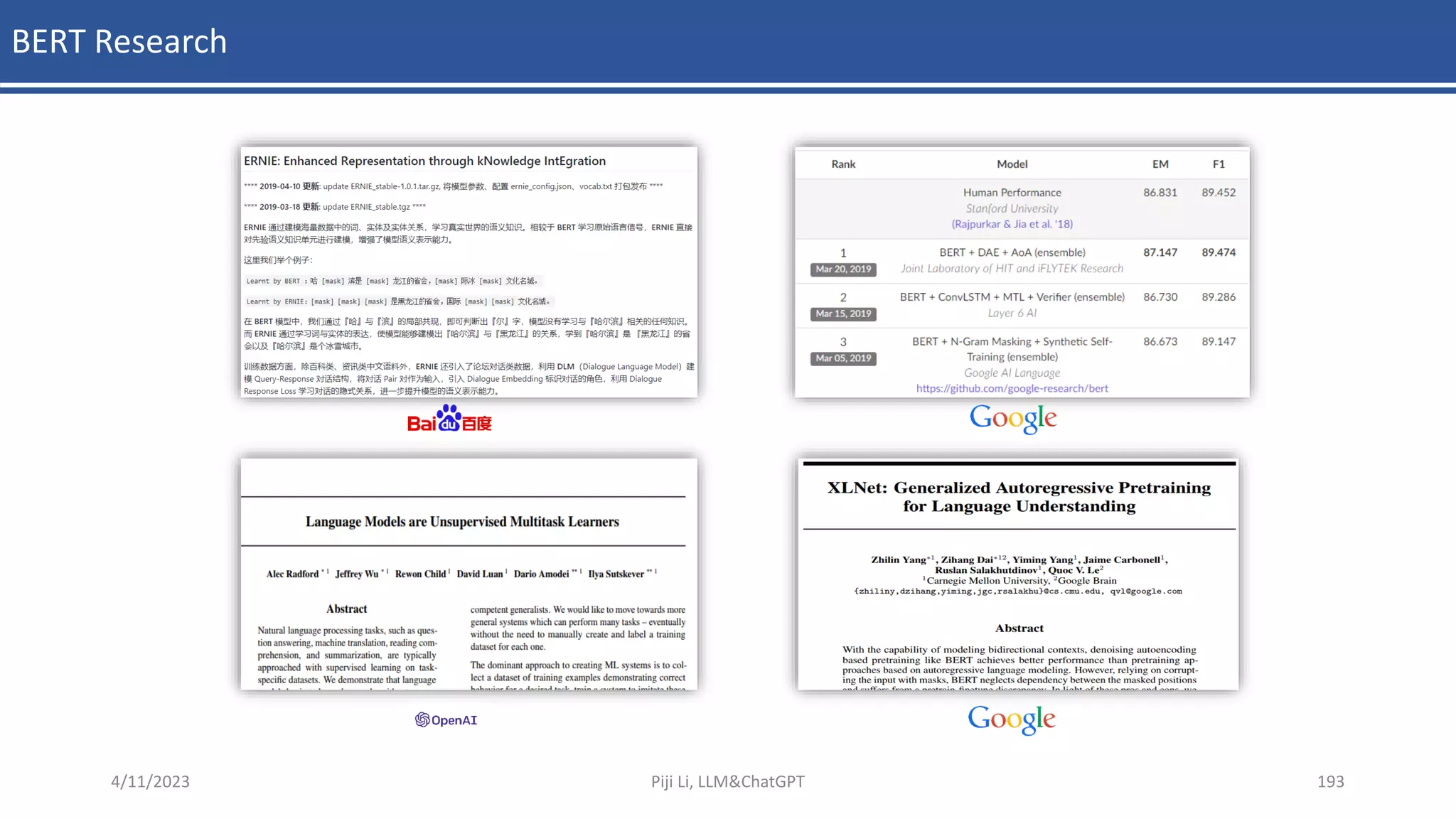 BERT Research
4/11/2023 Piji Li, LLM&ChatGPT 193
 