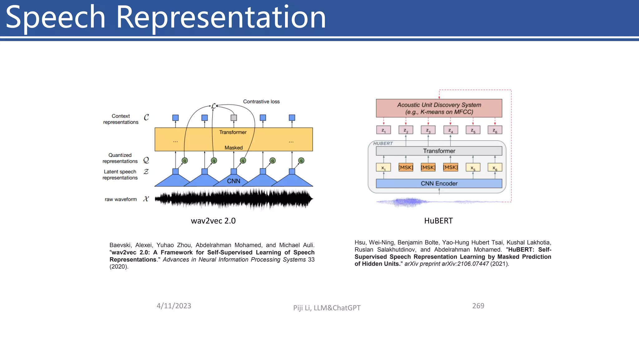 4/11/2023 Piji Li, LLM&ChatGPT 269
Speech Representation
HuBERT
wav2vec 2.0
Hsu, Wei-Ning, Benjamin Bolte, Yao-Hung Hubert Tsai, Kushal Lakhotia,
Ruslan Salakhutdinov, and Abdelrahman Mohamed. "HuBERT: Self-
Supervised Speech Representation Learning by Masked Prediction
of Hidden Units." arXiv preprint arXiv:2106.07447 (2021).
Baevski, Alexei, Yuhao Zhou, Abdelrahman Mohamed, and Michael Auli.
"wav2vec 2.0: A Framework for Self-Supervised Learning of Speech
Representations." Advances in Neural Information Processing Systems 33
(2020).
 
