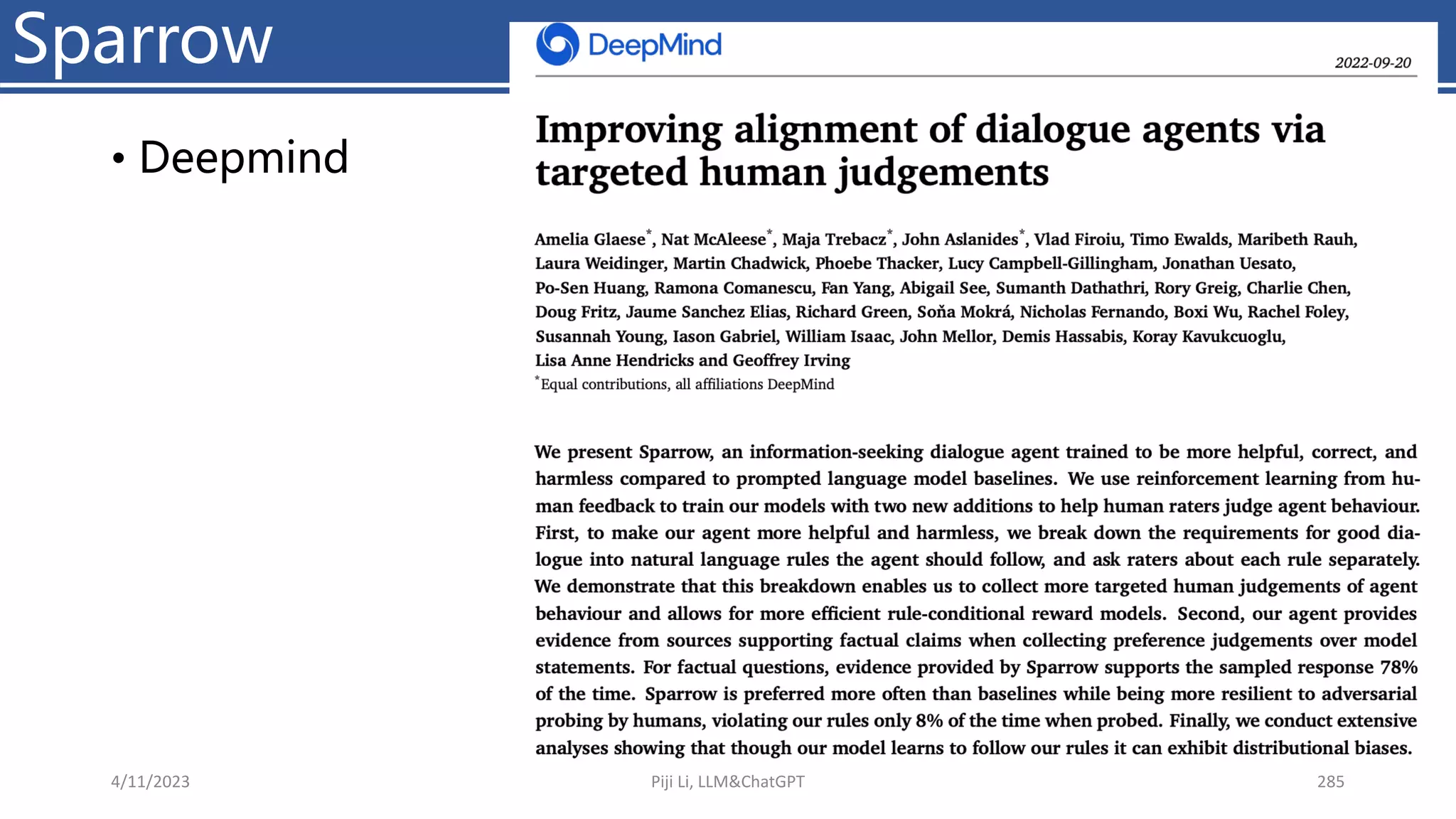 • Deepmind
Sparrow
4/11/2023 Piji Li, LLM&ChatGPT 285
 