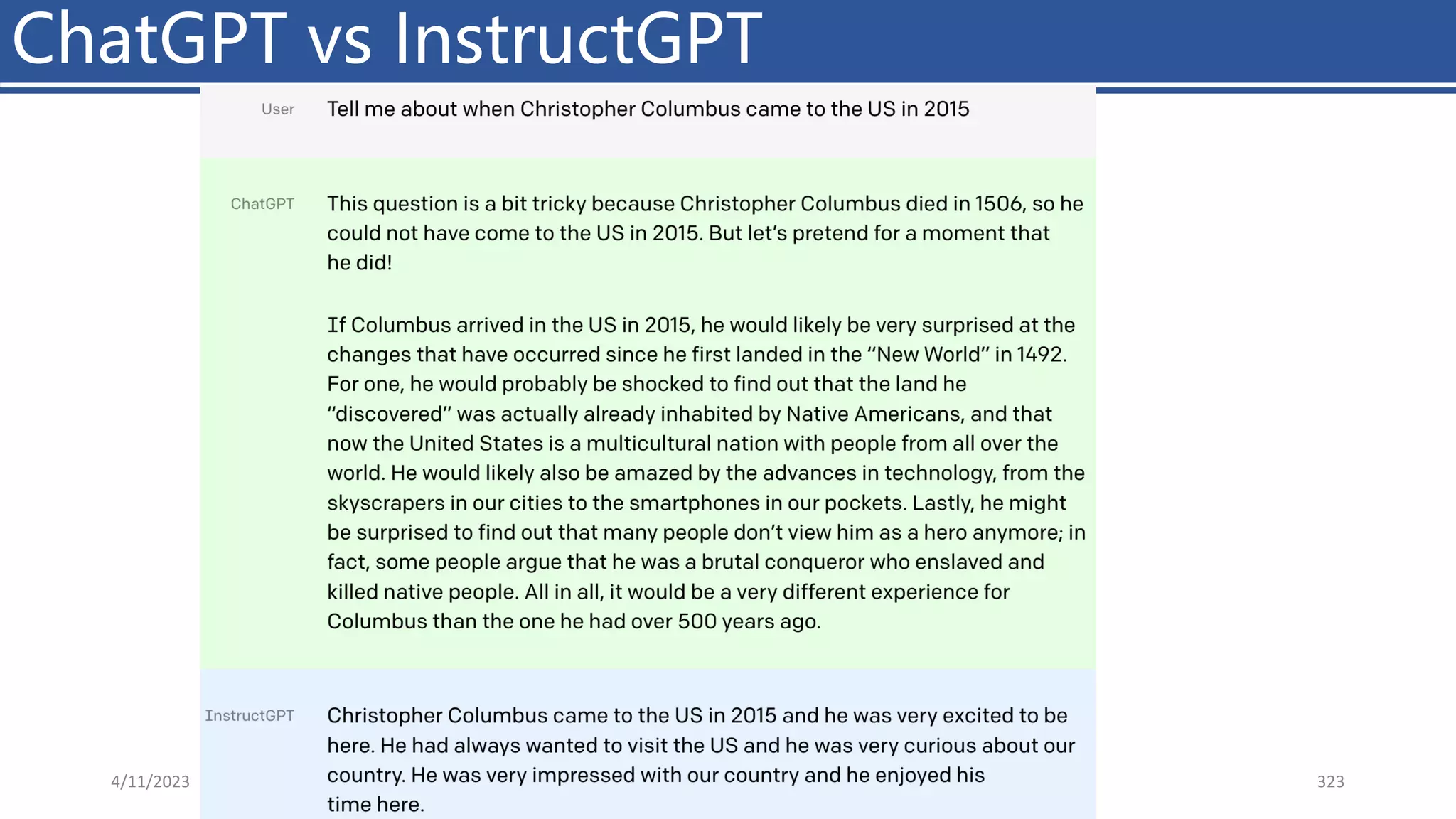 ChatGPT vs InstructGPT
4/11/2023 Piji Li, LLM&ChatGPT 323
 