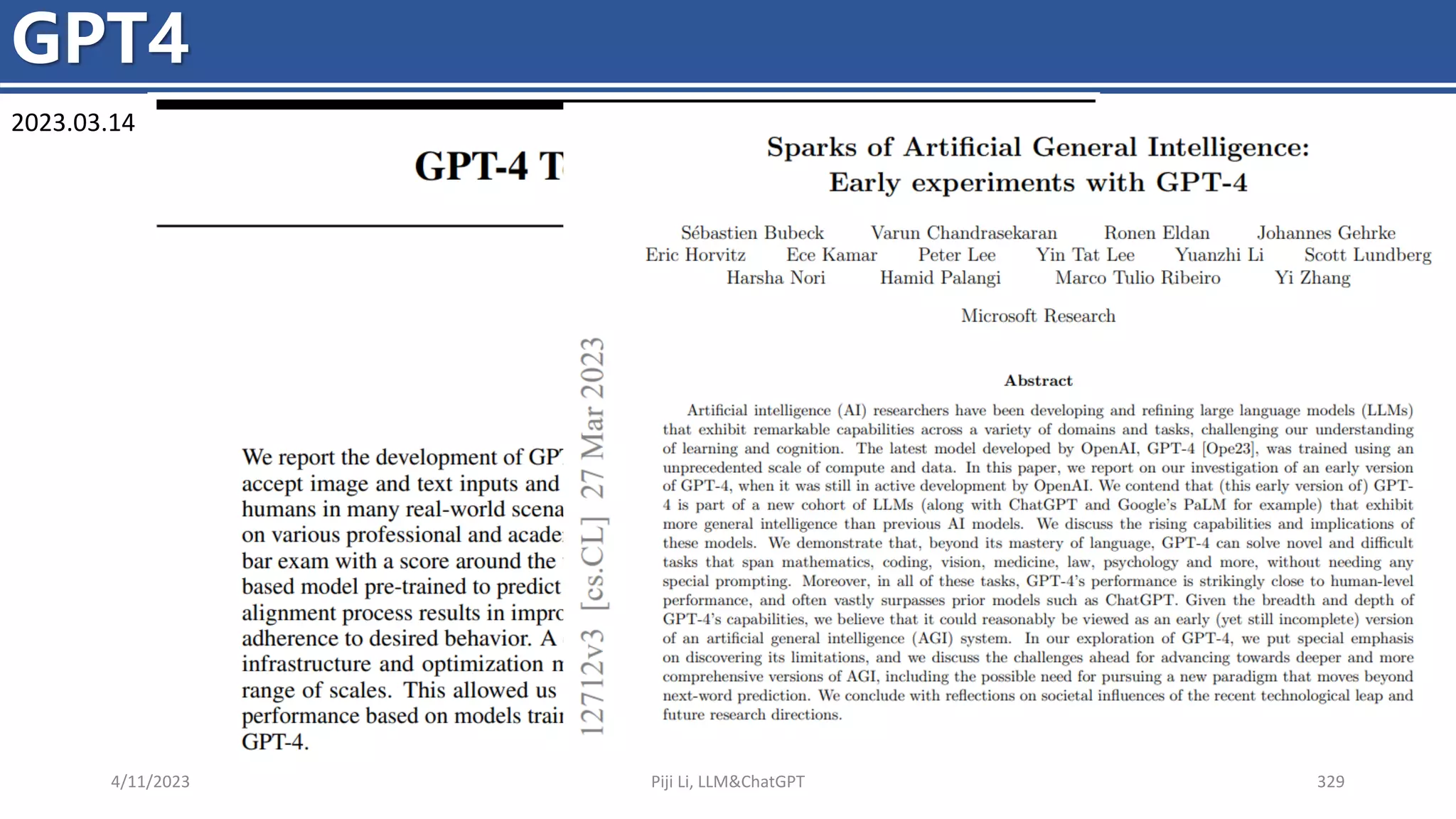 4/11/2023 Piji Li, LLM&ChatGPT 329
GPT4
2023.03.14
 