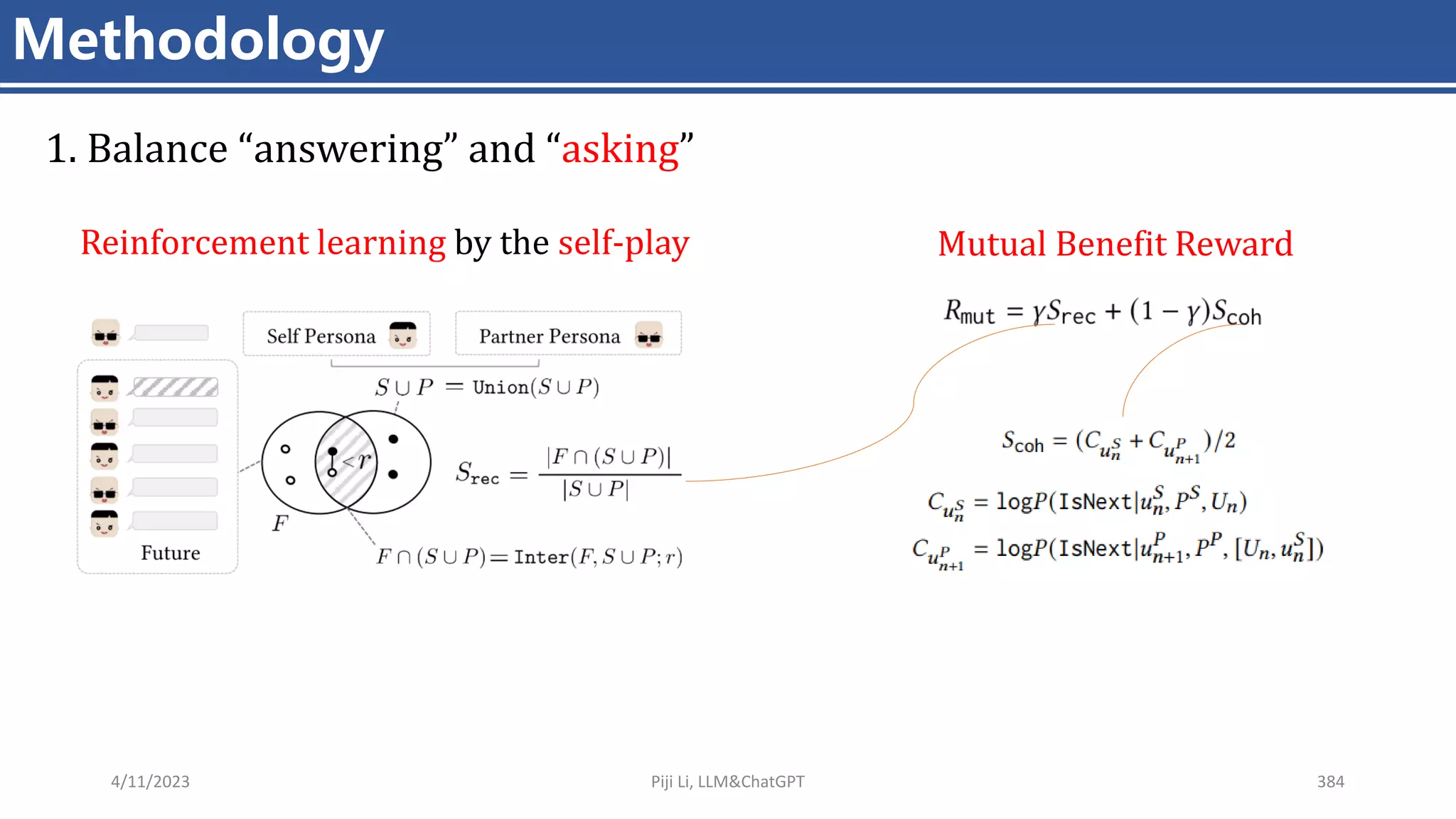 4/11/2023 Piji Li, LLM&ChatGPT 384
Methodology
1. Balance “answering” and “asking”
Reinforcement learning by the self-play Mutual Benefit Reward
 