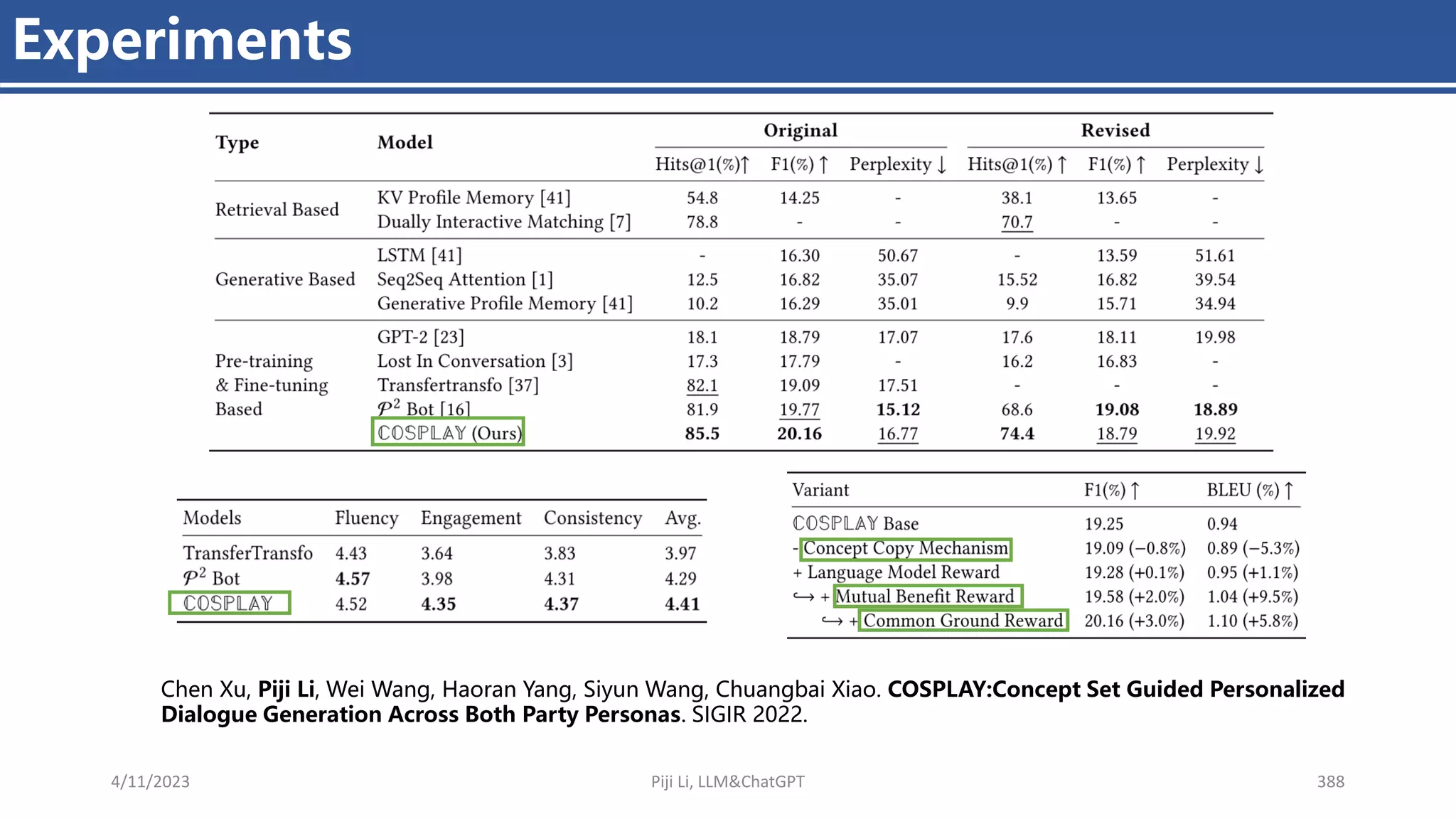 4/11/2023 Piji Li, LLM&ChatGPT 388
Experiments
Chen Xu, Piji Li, Wei Wang, Haoran Yang, Siyun Wang, Chuangbai Xiao. COSPLAY:Concept Set Guided Personalized
Dialogue Generation Across Both Party Personas. SIGIR 2022.
 