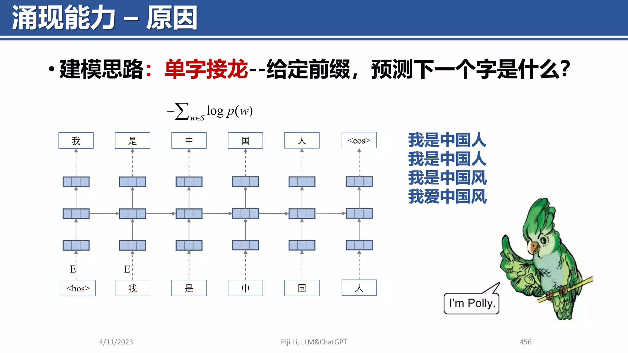 涌现能力 – 原因
• 建模思路：单字接龙--给定前缀，预测下一个字是什么？
4/11/2023 Piji Li, LLM&ChatGPT 456
log ( )
w S
p w

−
我 是 中 国 人
我 是 中 国
E
<bos>
E
<eos>
人
我是中国人
我是中国人
我是中国风
我爱中国风
 