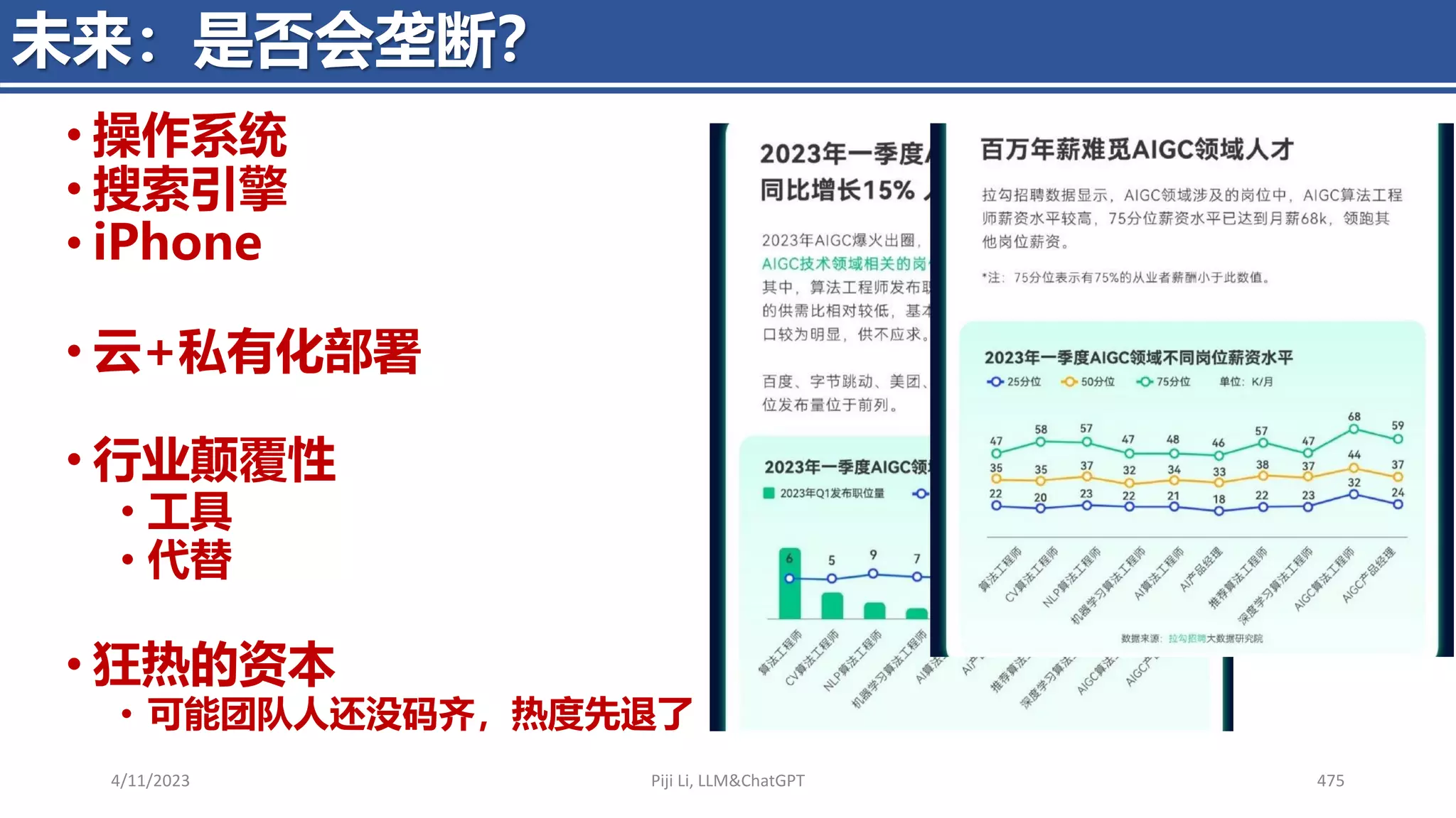 4/11/2023 Piji Li, LLM&ChatGPT 475
未来：是否会垄断？
• 操作系统
• 搜索引擎
• iPhone
• 云+私有化部署
• 行业颠覆性
• 工具
• 代替
• 狂热的资本
• 可能团队人还没码齐，热度先退了
 