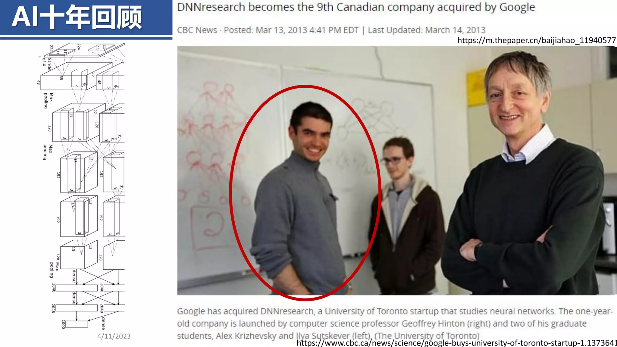 AI十年回顾
4/11/2023 Piji Li, LLM&ChatGPT 7
https://m.thepaper.cn/baijiahao_11940577
https://www.cbc.ca/news/science/google-buys-university-of-toronto-startup-1.1373641
 