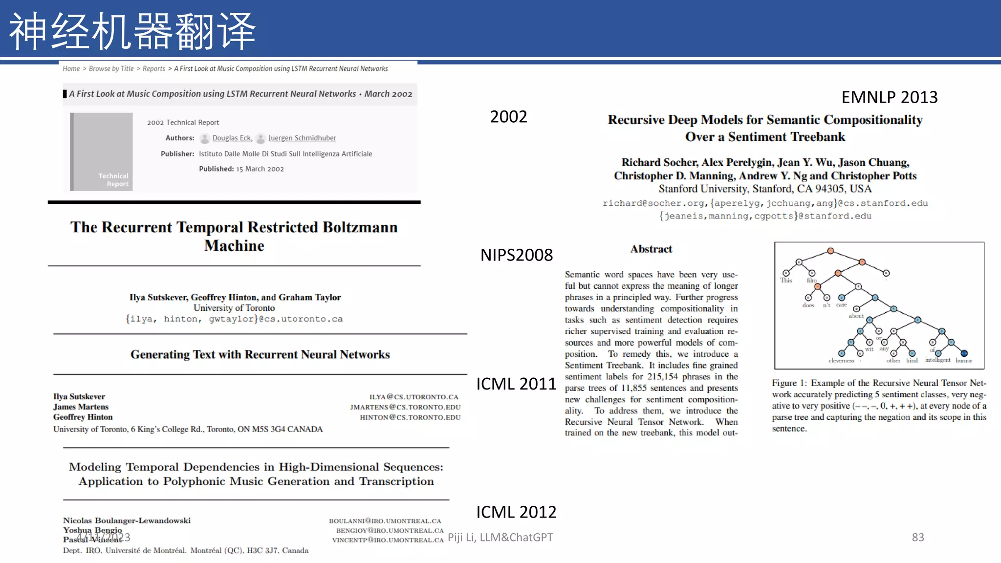 ICML 2012
NIPS2008
ICML 2011
2002
神经机器翻译
EMNLP 2013
4/11/2023 Piji Li, LLM&ChatGPT 83
 
