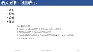 • 匹配
• 检索
• 分类
• 聚类
4/11/2023 Piji Li, LLM&ChatGPT 138
语义分析-向量表示
VSM→LDA(2003)
→Google Word2vec(2013/14) → Google LSTM-LM(2015)
→ AI2 ELMo(2017) → OpenAI GPT(Jun 2018)
→ Google BERT(Oct 2018) → OpenAI GPT2(2019)→ Google XLNet(2019)
→OpenAI GPT3(2020)
 