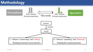 4/11/2023 Piji Li, LLM&ChatGPT 383
Methodology
Personalized
Self / Partner
Persona expression
Egocentric
Self / Partner
Persona expression
This work
1）Balance “answering” and “asking” :
Keeping curiosity to your partner.
partner
model
teaches
2）Balance “speaking” and “listening”:
Finding the common ground.
 