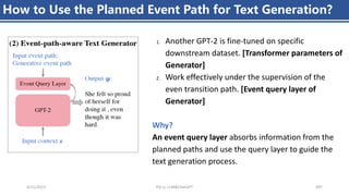 4/11/2023 Piji Li, LLM&ChatGPT 397
How to Use the Planned Event Path for Text Generation?
1. Another GPT-2 is fine-tuned on specific
downstream dataset. [Transformer parameters of
Generator]
2. Work effectively under the supervision of the
even transition path. [Event query layer of
Generator]
Why?
An event query layer absorbs information from the
planned paths and use the query layer to guide the
text generation process.
 