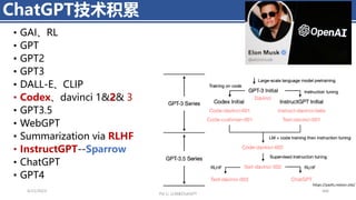 • GAI、RL
• GPT
• GPT2
• GPT3
• DALL-E、CLIP
• Codex、davinci 1&2& 3
• GPT3.5
• WebGPT
• Summarization via RLHF
• InstructGPT--Sparrow
• ChatGPT
• GPT4
4/11/2023 466
ChatGPT技术积累
Piji Li, LLM&ChatGPT
https://yaofu.notion.site/
 