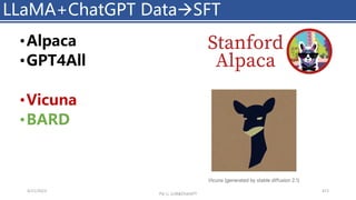•Alpaca
•GPT4All
•Vicuna
•BARD
4/11/2023 471
LLaMA+ChatGPT Data→SFT
Piji Li, LLM&ChatGPT
 