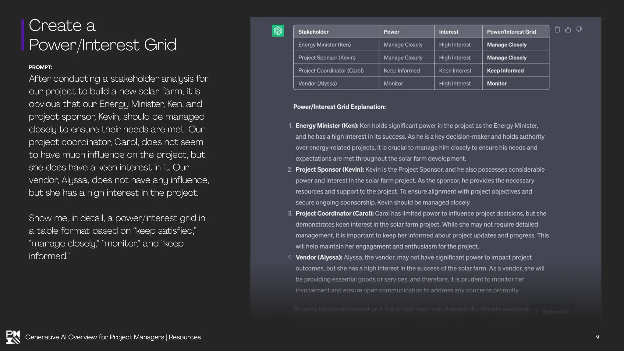 Create a
Power/Interest Grid
PROMPT:
After conducting a stakeholder analysis for
our project to build a new solar farm, it is
obvious that our Energy Minister, Ken, and
project sponsor, Kevin, should be managed
closely to ensure their needs are met. Our
project coordinator, Carol, does not seem
to have much influence on the project, but
she does have a keen interest in it. Our
vendor, Alyssa, does not have any influence,
but she has a high interest in the project.
Show me, in detail, a power/interest grid in
a table format based on “keep satisfied,”
“manage closely,” “monitor,” and “keep
informed.”
9
Generative AI Overview for Project Managers | Resources
 