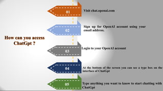01
02
03
04
05
Visit chat.openai.com
Sign up for OpenAI account using your
email address.
Login to your OpenAI account
At the bottom of the screen you can see a type box on the
interface of ChatGpt
Type anything you want to know to start chatting with
ChatGpt
 