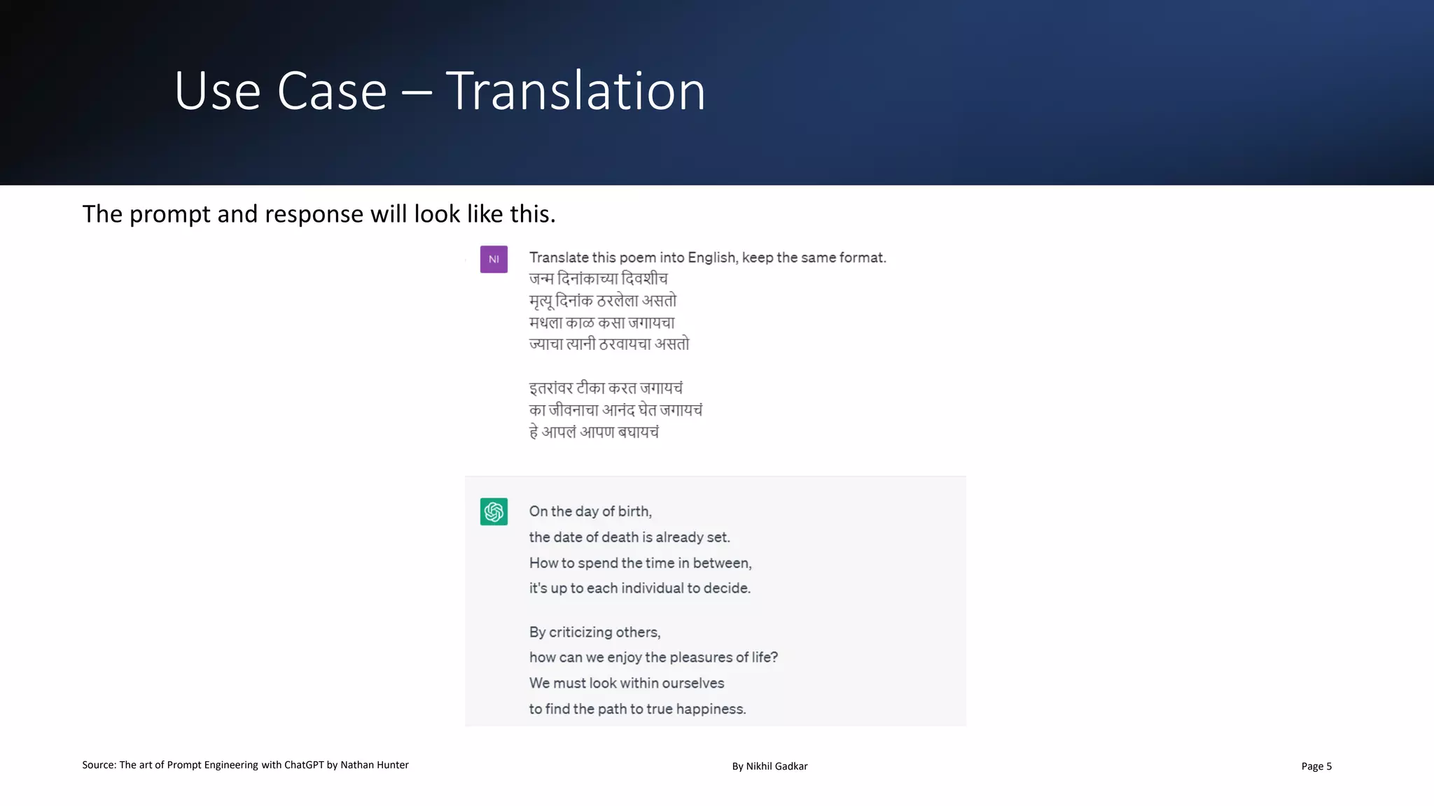 Use Case – Translation
Source: The art of Prompt Engineering with ChatGPT by Nathan Hunter By Nikhil Gadkar Page 5
The prompt and response will look like this.
 
