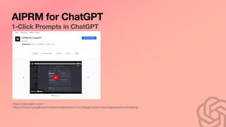 AIPRM for ChatGPT
1-Click Prompts in ChatGPT
https://www.aiprm.com/
https://chrome.google.com/webstore/detail/aiprm-for-chatgpt/ojnbohmppadfgpejeebfnmnknjdlckgj
 