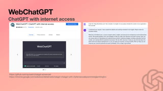WebChatGPT
ChatGPT with internet access
https://github.com/qunash/chatgpt-advanced
https://chrome.google.com/webstore/detail/webchatgpt-chatgpt-with-i/lpfemeioodjbpieminkklglpmhlngfcn
 
