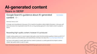 AI-generated content
Years in SERP
https://developers.google.com/search/blog/2023/02/google-search-and-ai-content
 