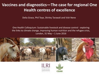 Vaccines and diagnostics—The case for regional One
Health centres of excellence
One Health Colloquium: Sustainable livestock and disease control - exploring
the links to climate change, improving human nutrition and the refugee crisis,
London, 31 May – 1 June 2016
Delia Grace, Phil Toye, Shirley Tarawali and Vish Nene
 