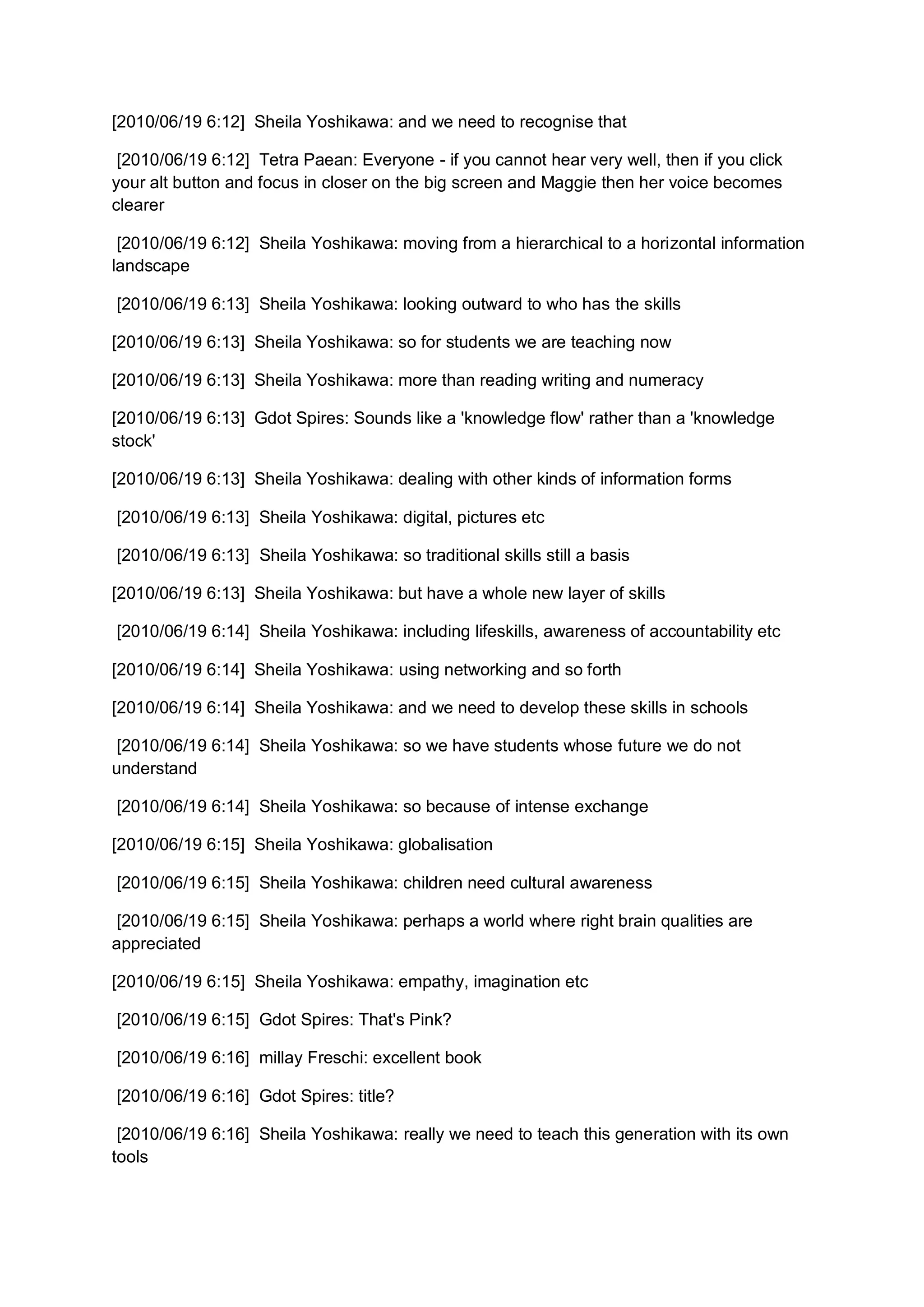[2010/06/19 6:12] Sheila Yoshikawa: and we need to recognise that

 [2010/06/19 6:12] Tetra Paean: Everyone - if you cannot hear very well, then if you click
your alt button and focus in closer on the big screen and Maggie then her voice becomes
clearer

 [2010/06/19 6:12] Sheila Yoshikawa: moving from a hierarchical to a horizontal information
landscape

[2010/06/19 6:13] Sheila Yoshikawa: looking outward to who has the skills

[2010/06/19 6:13] Sheila Yoshikawa: so for students we are teaching now

[2010/06/19 6:13] Sheila Yoshikawa: more than reading writing and numeracy

[2010/06/19 6:13] Gdot Spires: Sounds like a 'knowledge flow' rather than a 'knowledge
stock'

[2010/06/19 6:13] Sheila Yoshikawa: dealing with other kinds of information forms

[2010/06/19 6:13] Sheila Yoshikawa: digital, pictures etc

[2010/06/19 6:13] Sheila Yoshikawa: so traditional skills still a basis

[2010/06/19 6:13] Sheila Yoshikawa: but have a whole new layer of skills

[2010/06/19 6:14] Sheila Yoshikawa: including lifeskills, awareness of accountability etc

[2010/06/19 6:14] Sheila Yoshikawa: using networking and so forth

[2010/06/19 6:14] Sheila Yoshikawa: and we need to develop these skills in schools

 [2010/06/19 6:14] Sheila Yoshikawa: so we have students whose future we do not
understand

[2010/06/19 6:14] Sheila Yoshikawa: so because of intense exchange

[2010/06/19 6:15] Sheila Yoshikawa: globalisation

[2010/06/19 6:15] Sheila Yoshikawa: children need cultural awareness

 [2010/06/19 6:15] Sheila Yoshikawa: perhaps a world where right brain qualities are
appreciated

[2010/06/19 6:15] Sheila Yoshikawa: empathy, imagination etc

[2010/06/19 6:15] Gdot Spires: That's Pink?

[2010/06/19 6:16] millay Freschi: excellent book

[2010/06/19 6:16] Gdot Spires: title?

 [2010/06/19 6:16] Sheila Yoshikawa: really we need to teach this generation with its own
tools
 