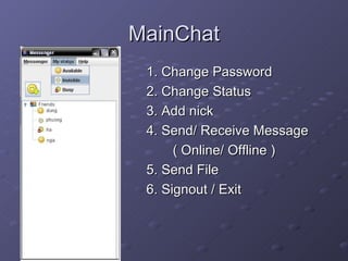MainChat 1. Change Password 2. Change Status 3. Add nick 4. Send/ Receive Message  ( Online/ Offline ) 5. Send File 6. Signout / Exit 