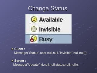 Change Status Client : Message(&quot;Status&quot;,user,null,null,&quot;Invisible&quot;,null,null)); Server : Message(&quot;Update&quot;,id,null,null,status,null,null)); 