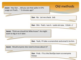 Jason: 
Hey 
Dan 
… 
did 
you 
see 
that 
spike 
in 
CPU 
usage 
on 
Prod1.. 
~ 
3 
minutes 
ago? 
Dan: 
No. 
Let 
me 
check. 
brb 
Old 
methods 
Dan: 
Shit. 
Yeah, 
I 
see 
it. 
Looks 
ok 
now. 
I 
think 
:-­‐/ 
Jason: 
Think 
we 
should 
let 
Mike 
know? 
He 
might 
want 
to 
dig 
in 
to 
it 
later. 
Dan: 
Yeah, 
I’ll 
take 
a 
screenshot 
and 
email 
it 
to 
him. 
Jason: 
Would 
anyone 
else 
need 
to 
know 
about 
it? 
Dan: 
Prob. 
I’ll 
cc 
the 
DevOps 
team 
so 
everyone 
knows 
 