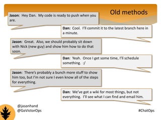 Jason: Hey Dan. My code is ready to push when you 
are. 
Old methods 
Dan: Cool. I’ll commit it to the latest branch here in 
a minute. 
Jason: Great. Also, we should probably sit down 
with Nick (new guy) and show him how to do that 
soon. 
Dan: Yeah. Once I get some time, I’ll schedule 
something. :/ 
Jason: There’s probably a bunch more stuff to show 
him too, but I’m not sure I even know all of the steps 
for everything. 
Dan: We’ve got a wiki for most things, but not 
everything. I’ll see what I can find and email him. 
@jasonhand 
@GoVictorOps #ChatOps 
 