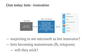 Chat today: bots - innovation
— surprising to see microsoft as bot innovator?
— bots becoming mainstream (fb, telegram)
— will they stick?
 