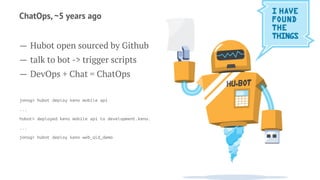 ChatOps, ~5 years ago
— Hubot open sourced by Github
— talk to bot -> trigger scripts
— DevOps + Chat = ChatOps
jonog> hubot deploy keno mobile api
...
hubot> deployed keno mobile api to development.keno.
...
jonog> hubot deploy keno web_qld_demo
 