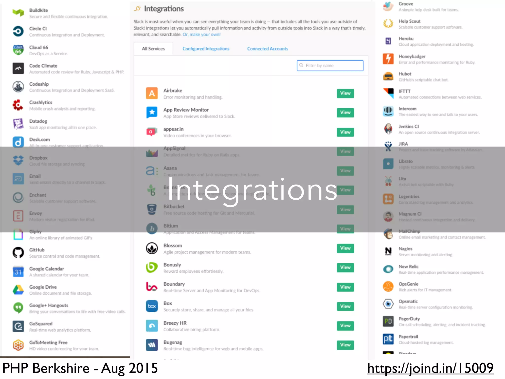PHP Berkshire - Aug 2015 https://joind.in/15009
Integrations
 