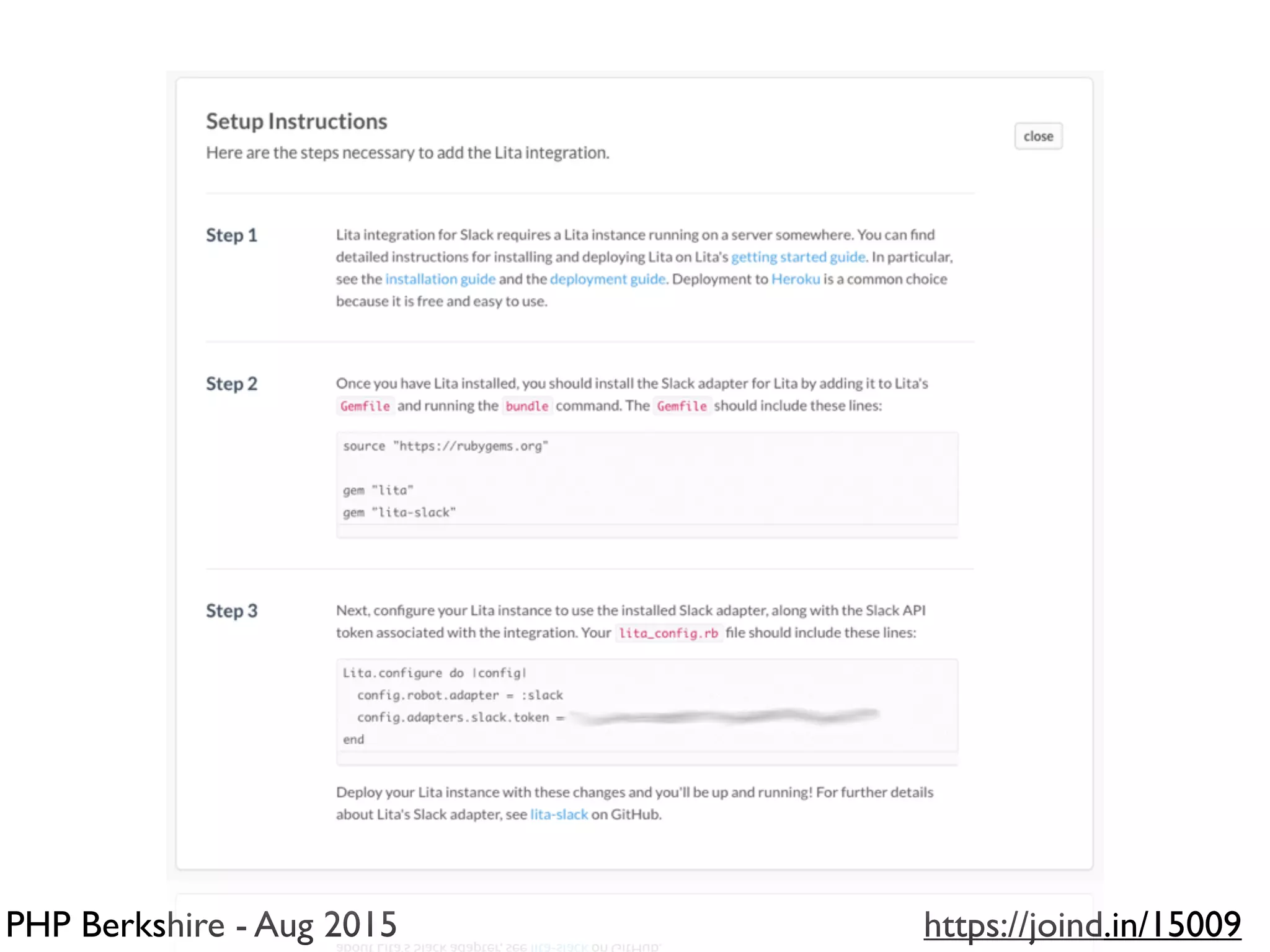 PHP Berkshire - Aug 2015 https://joind.in/15009
 
