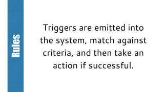 Rules
Triggers are emitted into
the system, match against
criteria, and then take an
action if successful.
 