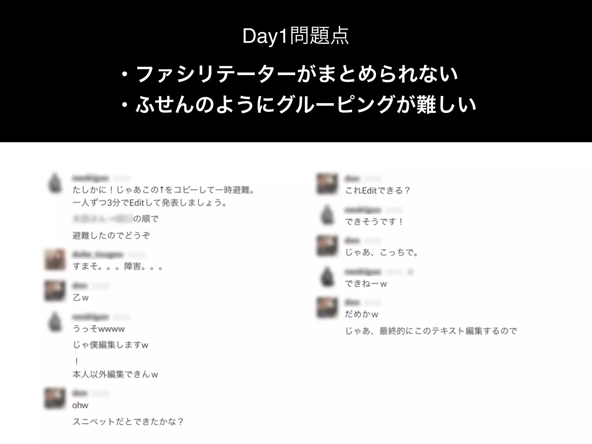 ・ファシリテーターがまとめられない
・ふせんのようにグルーピングが難しい
Day1問題点
 