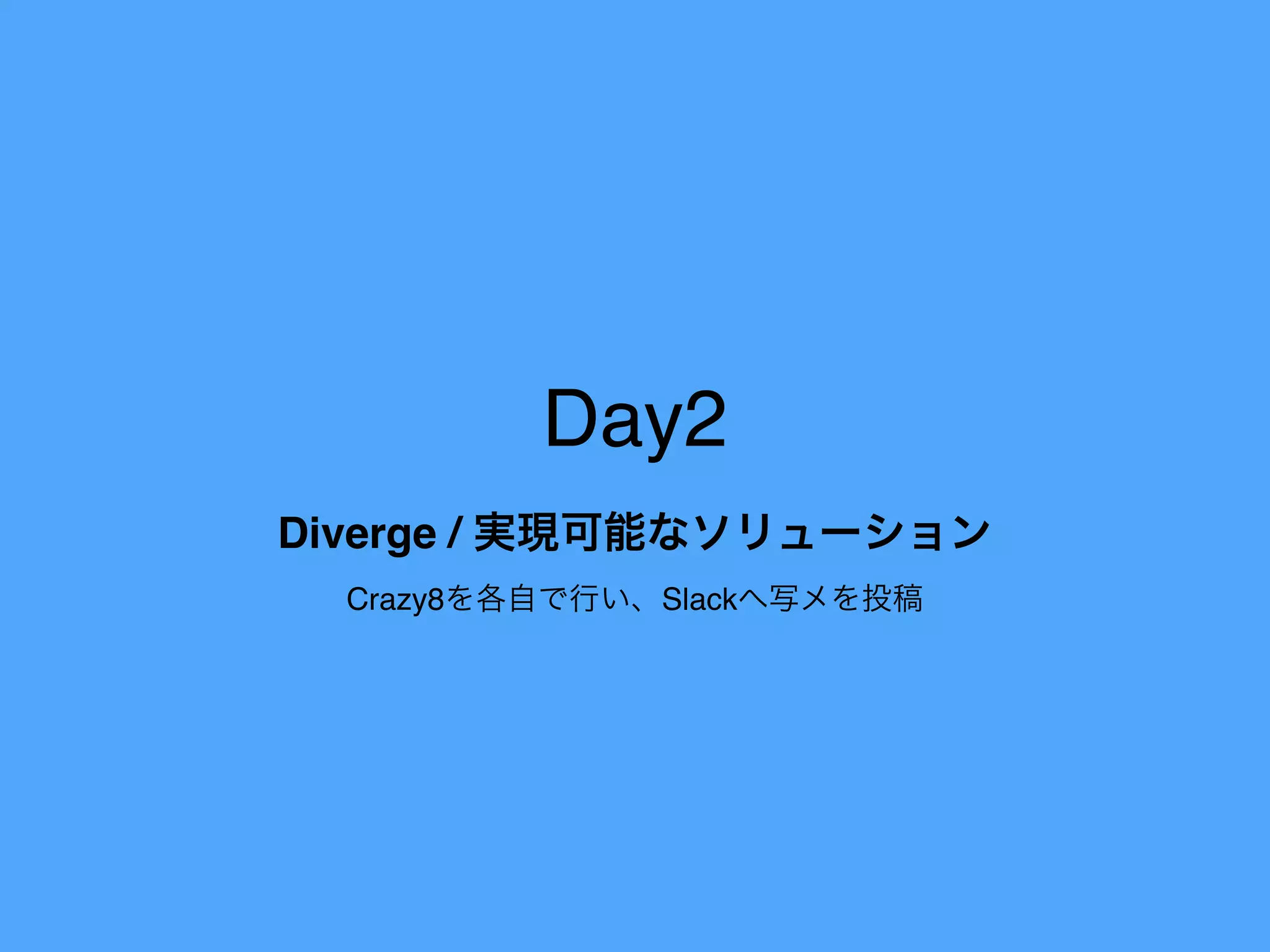 Day2
Diverge / 実現可能なソリューション
Crazy8を各自で行い、Slackへ写メを投稿
 