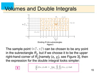 1515
Volumes and Double Integrals
The sample point can be chosen to be any point
in the subrectangle Rij, but if we choose it to be the upper
right-hand corner of Rij [namely (xi, yj), see Figure 3], then
the expression for the double integral looks simpler:
Figure 3
Dividing R into subrectangles
 