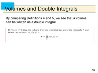 1616
Volumes and Double Integrals
By comparing Definitions 4 and 5, we see that a volume
can be written as a double integral:
 