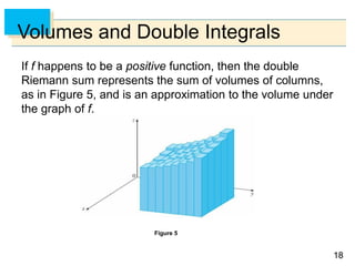 1818
Volumes and Double Integrals
If f happens to be a positive function, then the double
Riemann sum represents the sum of volumes of columns,
as in Figure 5, and is an approximation to the volume under
the graph of f.
Figure 5
 