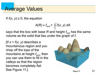 3131
Average Values
If f(x, y)  0, the equation
A(R)  fave = f(x, y) dA
says that the box with base R and height fave has the same
volume as the solid that lies under the graph of f.
[If z = f(x, y) describes a
mountainous region and you
chop off the tops of the
mountains at height fave, then
you can use them to fill in the
valleys so that the region
becomes completely flat.
See Figure 11.] Figure 11
 