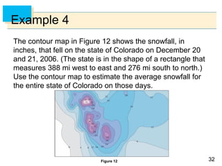 3232
Example 4
The contour map in Figure 12 shows the snowfall, in
inches, that fell on the state of Colorado on December 20
and 21, 2006. (The state is in the shape of a rectangle that
measures 388 mi west to east and 276 mi south to north.)
Use the contour map to estimate the average snowfall for
the entire state of Colorado on those days.
Figure 12
 