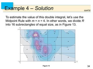 3434
Example 4 – Solution
To estimate the value of this double integral, let’s use the
Midpoint Rule with m = n = 4. In other words, we divide R
into 16 subrectangles of equal size, as in Figure 13.
Figure 13
cont’d
 