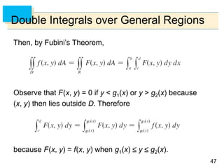 4747
Double Integrals over General Regions
Then, by Fubini’s Theorem,
Observe that F(x, y) = 0 if y < g1(x) or y > g2(x) because
(x, y) then lies outside D. Therefore
because F(x, y) = f(x, y) when g1(x)  y  g2(x).
 