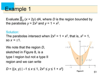 5151
Example 1
Evaluate D (x + 2y) dA, where D is the region bounded by
the parabolas y = 2x2 and y = 1 + x2.
Solution:
The parabolas intersect when 2x2 = 1 + x2, that is, x2 = 1,
so x = 1.
We note that the region D,
sketched in Figure 8, is a
type I region but not a type II
region and we can write
D = {(x, y) | –1  x  1, 2x2  y  1 + x2} Figure 8
 